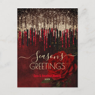  Christmas New Year red flower gold glitter drips  Postcard