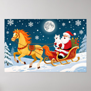 Christmas, New Year, Red Horse, Santa & White Cat Poster