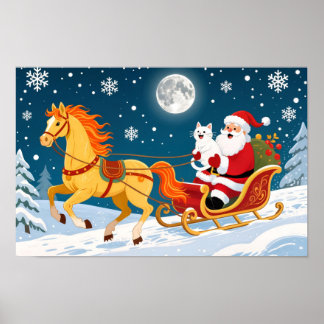 Christmas, New Year, Red Horse, Santa & White Cat Poster