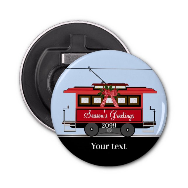 Christmas New Year's Red Tram Trolley Streetcar Bottle Opener (Front)