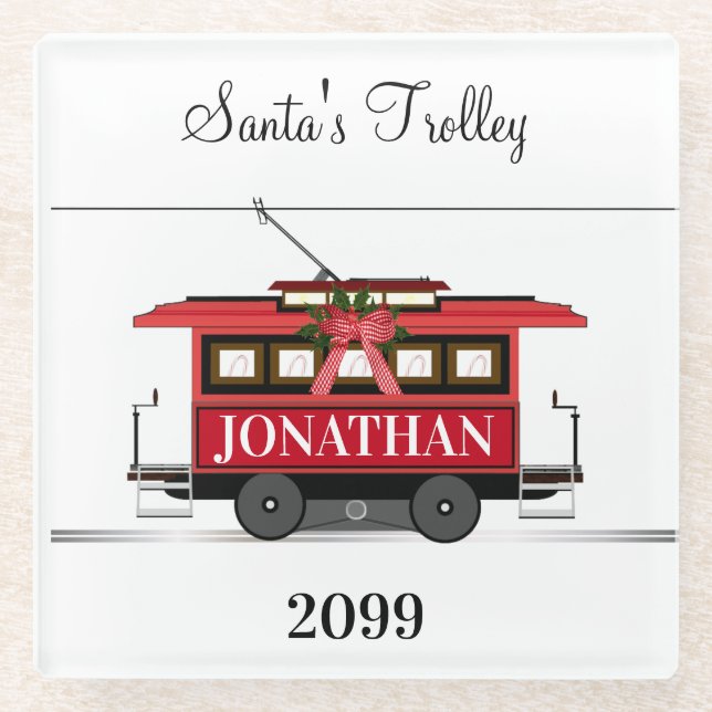 Christmas New Year's Red Tram Trolley Streetcar Glass Coaster (Front)