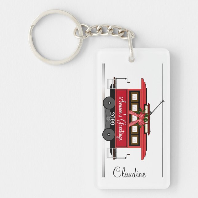 Christmas New Year's Red Tram Trolley Streetcar Keychain (Front)