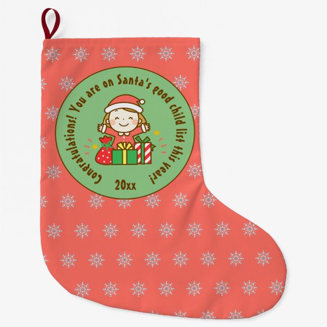 Christmas Nice List Kids Gift From Santa Clause Large Christmas Stocking (Front)