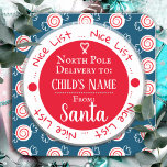 Christmas Nice List North Pole Custom Name Square Sticker<br><div class="desc">Peppermint candy background pattern. Nice list border with North Pole Delivery to custom kids name. Fun stickers to add to kids gifts!</div>