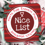 Christmas Nice List North Pole Mail  Square Sticke Square Sticker<br><div class="desc">Striped pattern background. Nice list North pole express mail fun Christmas gift tags. Fun stickers to add to kids gifts! red</div>