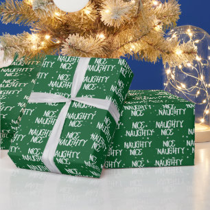 Christmas NICE NAUGHTY Text On Green Wrapping Paper