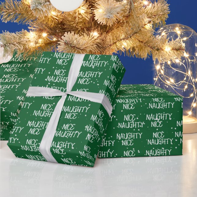 Christmas NICE NAUGHTY Text On Green Wrapping Paper (Holidays)