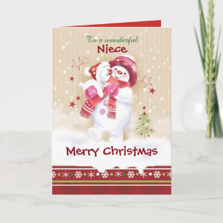 Christmas, Niece, Snow Child hugs Snow Pup Holiday Card