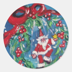 CHRISTMAS NIGHT CROWN WITH RED RIBBON CLASSIC ROUND STICKER