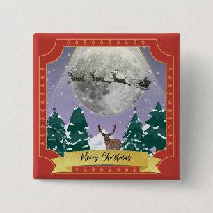 Christmas night diorama Santa reindeer sleigh 2 Inch Square Button