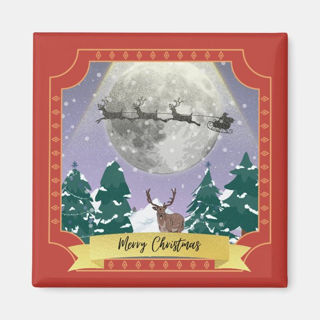 Christmas night diorama Santa reindeer sleigh   Magnet (Front)