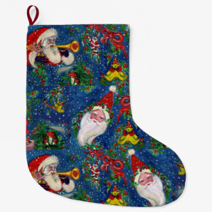 CHRISTMAS NIGHT,HOLLYBERRIES ,SANTA CLAUS BUGLER LARGE CHRISTMAS STOCKING