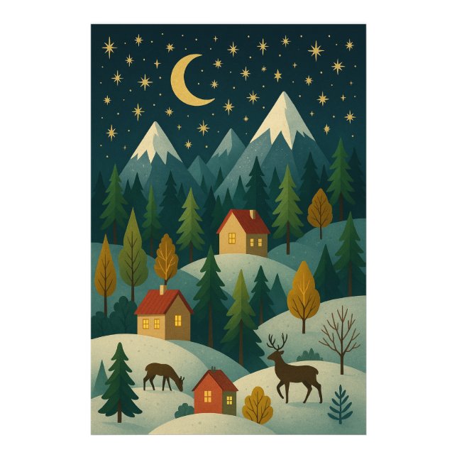 Christmas Night Mountain Village Art Photo Paper (Devant)