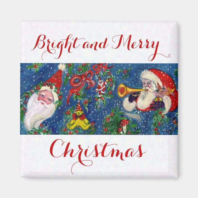 CHRISTMAS NIGHT / SANTA, TOYS ,RED RIBBON AND SNOW MAGNET (Front)