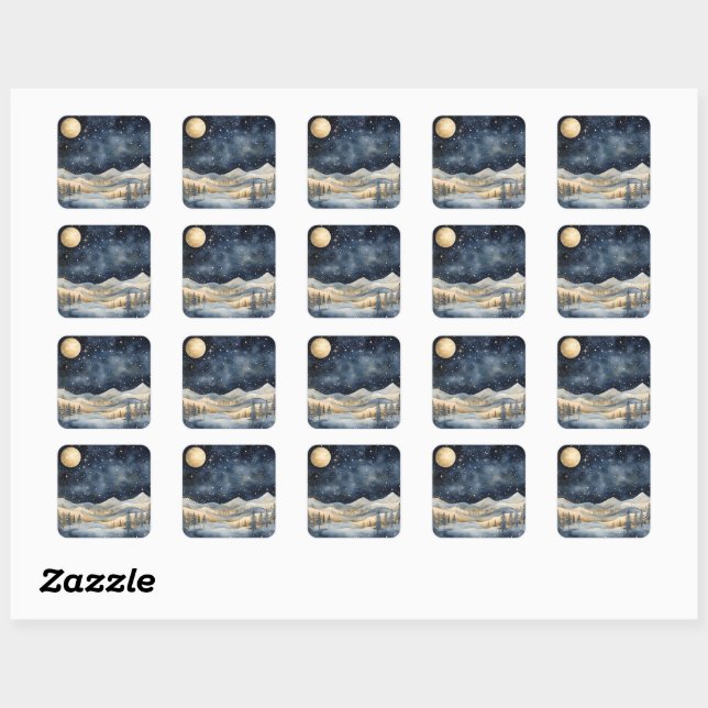 Christmas Night Sky Stars Mountains Full Moon Square Sticker (Sheet)