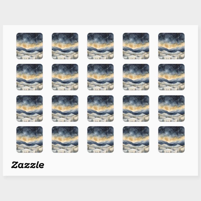 Christmas Night Sky Stars Mountains Landscape  Square Sticker (Sheet)