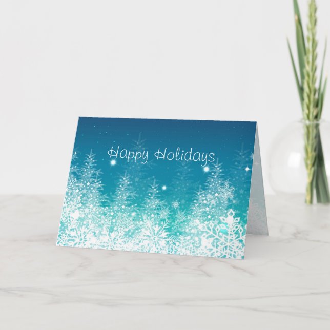 Christmas Night With Trees And Snowflakes Holiday Card (Front)