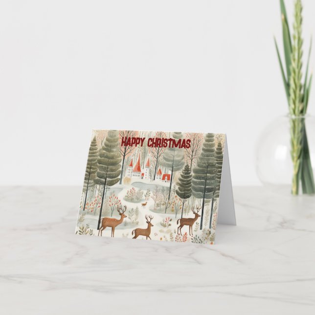Christmas Nordic forest scene with reindeer. Holiday Card (Front)