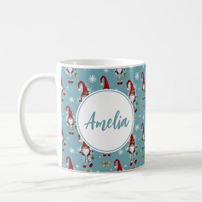 Christmas Nordic Gnomes Blue Pattern With Name  Coffee Mug (Left)