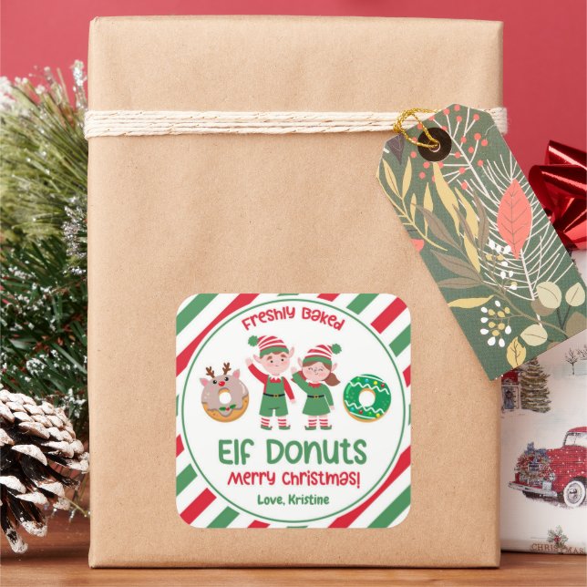 Christmas North Pole Elf Doughnuts Gift Square Sticker (Holiday)