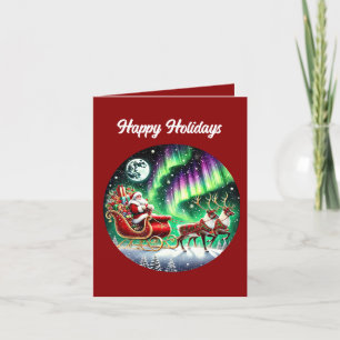 Christmas Northern lights Santa sleigh add message Holiday Card