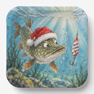 Christmas Northern Pike Fish with Santa Hat Paper Plate