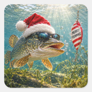Christmas Northern Pike Fish with Santa Hat Square Sticker