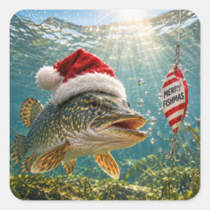 Christmas Northern Pike Fish with Santa Hat Square Sticker