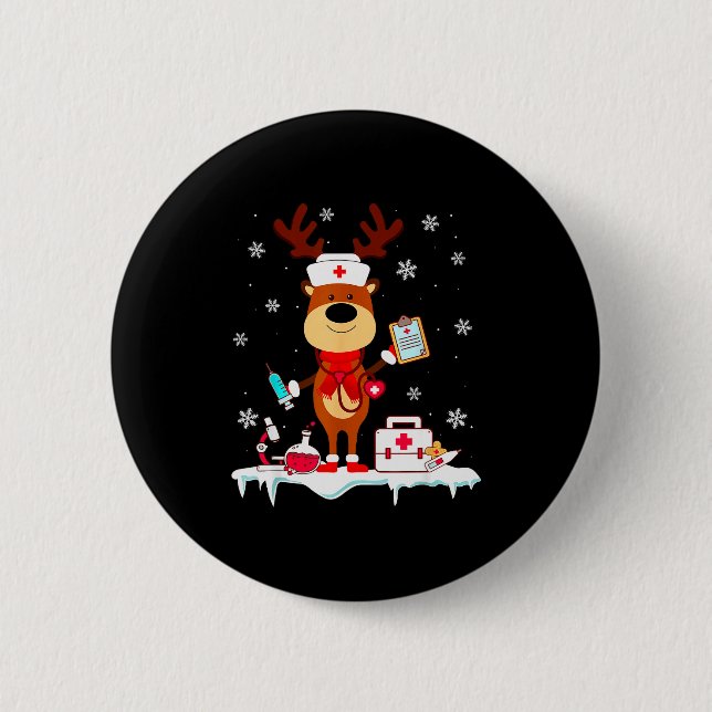 Christmas Nurse Reindeer Funny Xmas Scrub Top Nurs 2 Inch Round Button (Front)