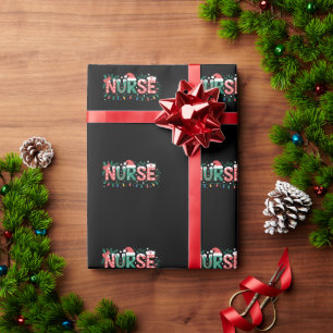 Christmas Nurse Santa Hat Stethoscope Bow Lights Wrapping Paper