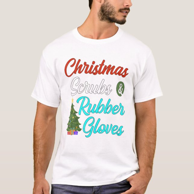 Christmas Nurse Scrubs Rubber Gloves With Tree T-Shirt (Front)