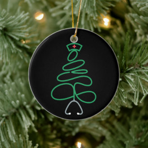 Christmas Nurse Stethoscope Tree Santa Hat Xmas Ceramic Ornament