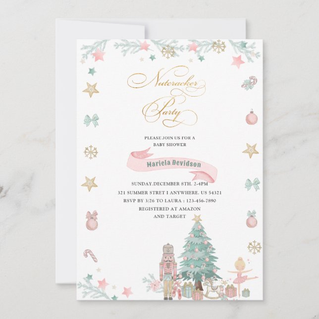 Christmas Nutcracker Ballet Pink watercolor baby s Invitation (Front)