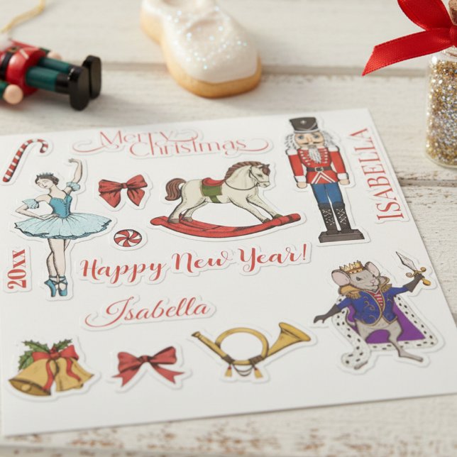 Christmas Nutcracker Ballet Sticker Sheet (Festive Red & Gold Christmas Nutcracker Ballet Stickers. Nutcracker, Sugar Plum Fairy, Mouse King)