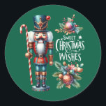 Christmas Nutcracker Candy Cane Christmas Wishes  Classic Round Sticker<br><div class="desc">A charming sticker adorned with a festive Christmas nutcracker,  a candy cane,  and Christmas wishes is perfect for sipping Hot Cocoa by the fire.
Custom green background.</div>