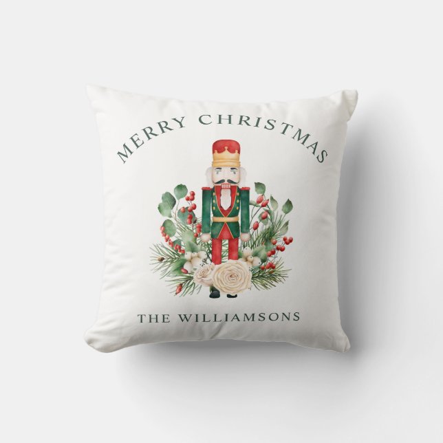 Christmas Nutcracker Greenery Red Berries Family Throw Pillow (Front)