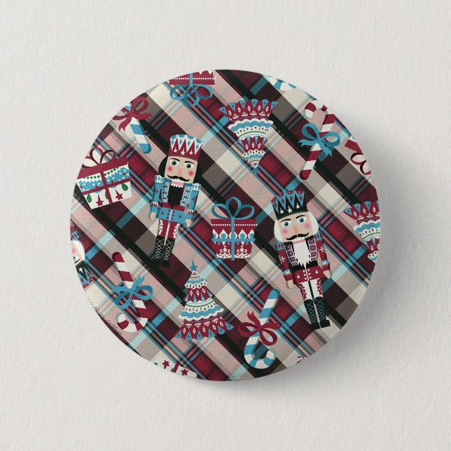 Christmas Nutcracker Plaid Blue Burgundy 2 Inch Round Button (Front)