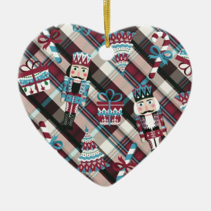 Christmas Nutcracker Plaid Blue Burgundy Ceramic Ornament