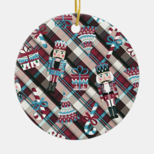 Christmas Nutcracker Plaid Blue Burgundy Ceramic Ornament