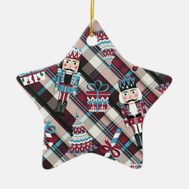 Christmas Nutcracker Plaid Blue Burgundy Ceramic Ornament (Front)