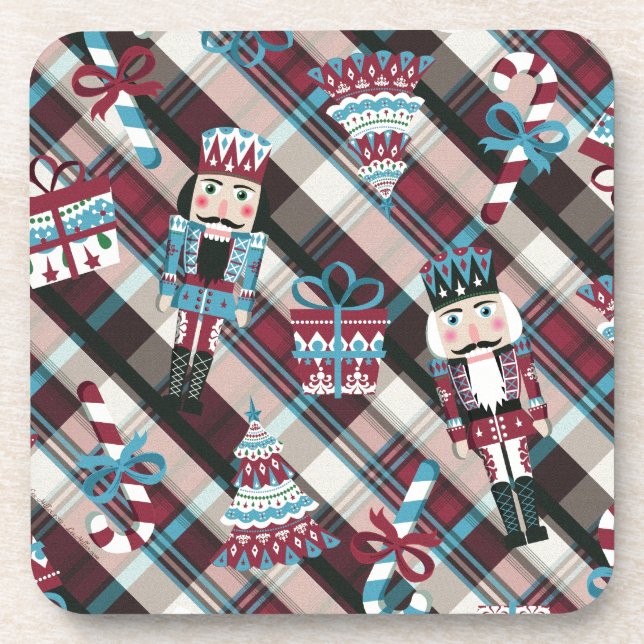 Christmas Nutcracker Plaid Blue Burgundy Coaster (Front)