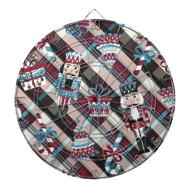 Christmas Nutcracker Plaid Blue Burgundy Dartboard (Front)