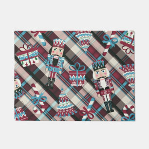 Christmas Nutcracker Plaid Blue Burgundy Doormat