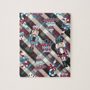 Christmas Nutcracker Plaid Blue Burgundy Jigsaw Puzzle