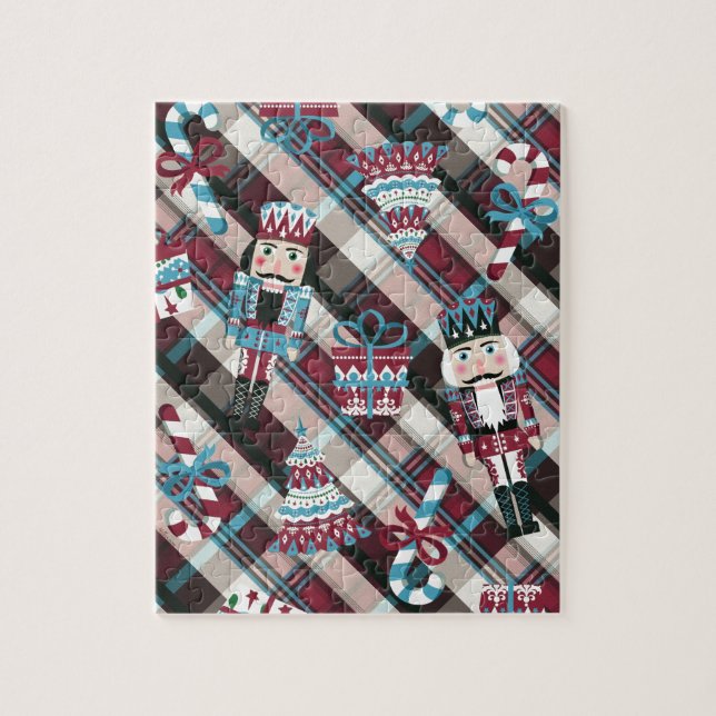 Christmas Nutcracker Plaid Blue Burgundy Jigsaw Puzzle (Vertical)