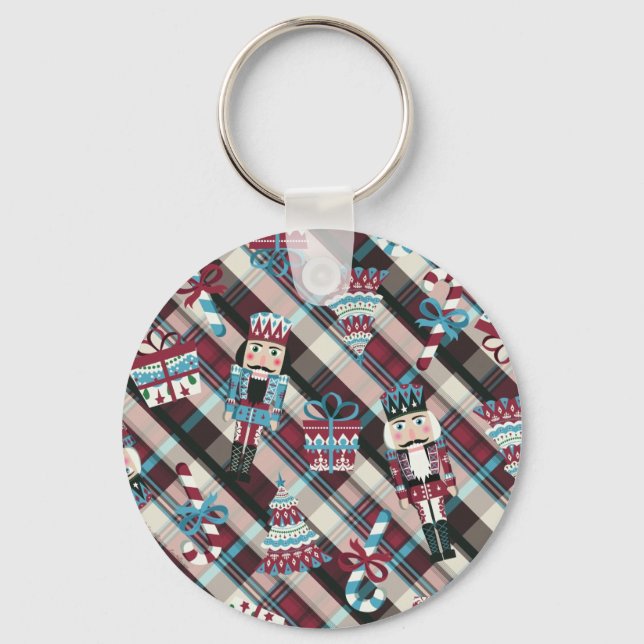 Christmas Nutcracker Plaid Blue Burgundy Keychain (Front)