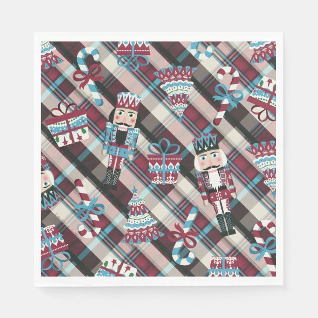 Christmas Nutcracker Plaid Blue Burgundy Napkins (Front)