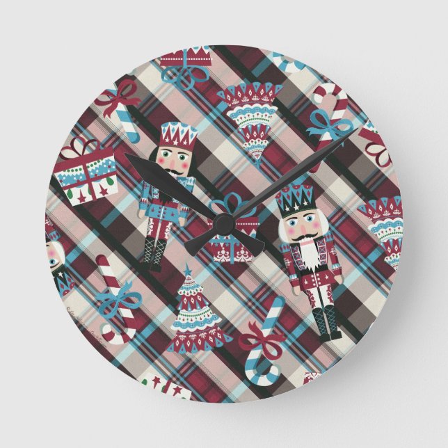 Christmas Nutcracker Plaid Blue Burgundy Round Clock (Front)