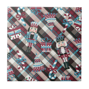 Christmas Nutcracker Plaid Blue Burgundy Tile