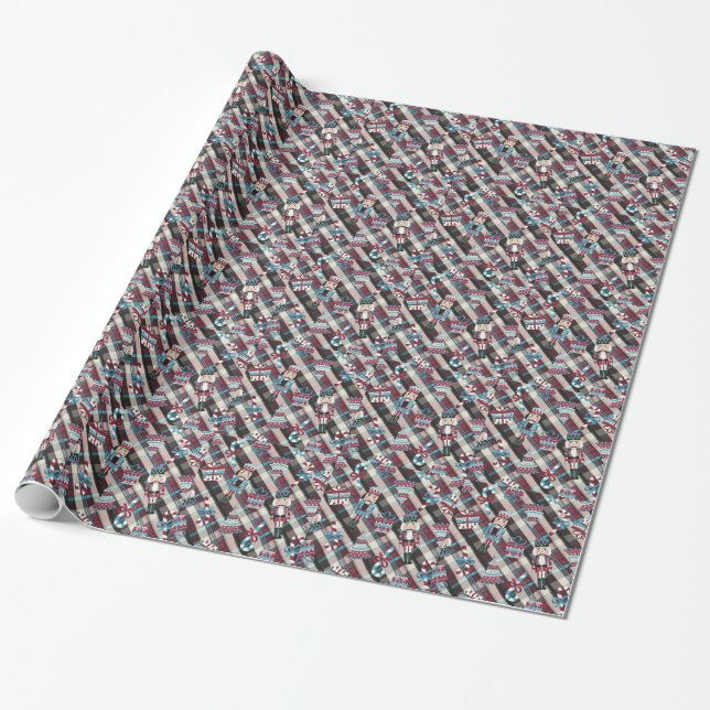 Christmas Nutcracker Plaid Blue Burgundy Wrapping Paper (Unrolled)